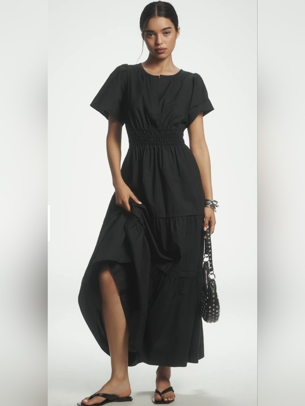 Anthropologie Somerset Black Cotton Tiered Maxi Dress Medium